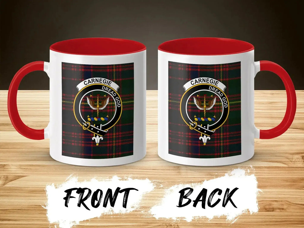 Carnegie clan crest tartan mug — red handle, 11 oz ceramic