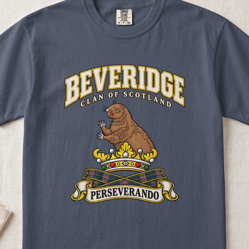 Beveridge Scottish clan T-shirt in Midnight, front view with a brown beaver above a gold crown and motto banner.