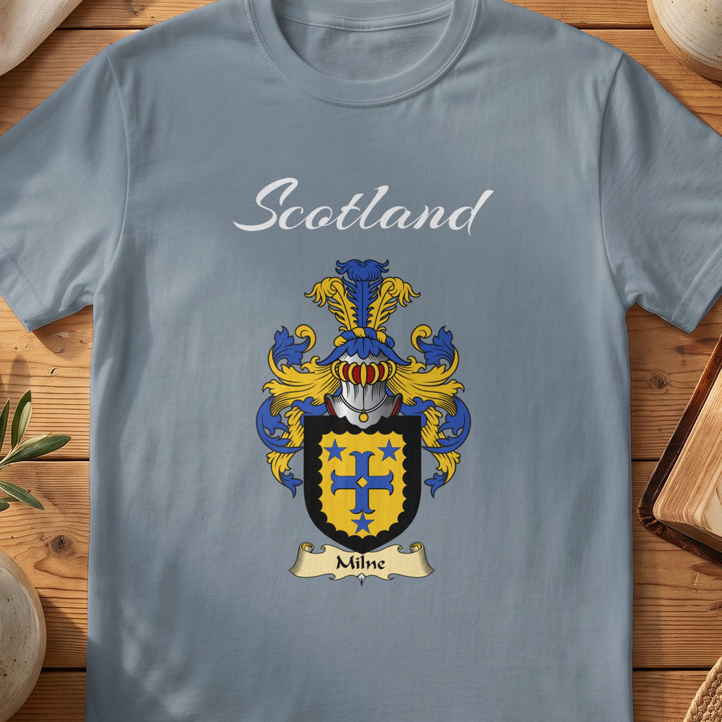 Milne Scottish family shield T-shirt in Stone Blue