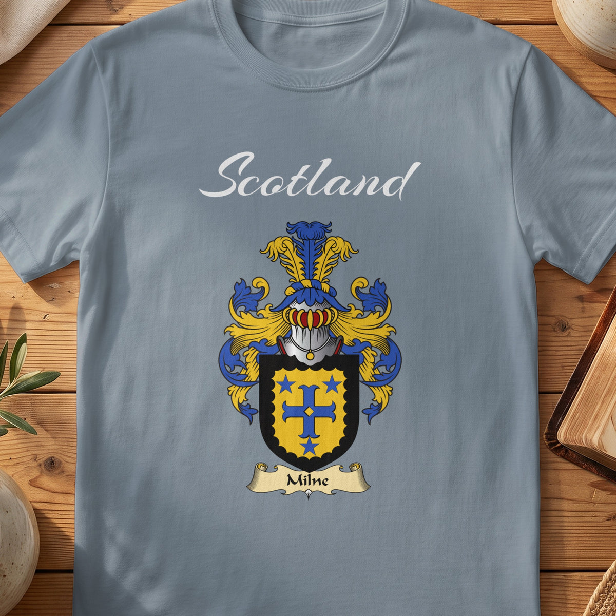 Milne Scottish family shield T-shirt in Stone Blue