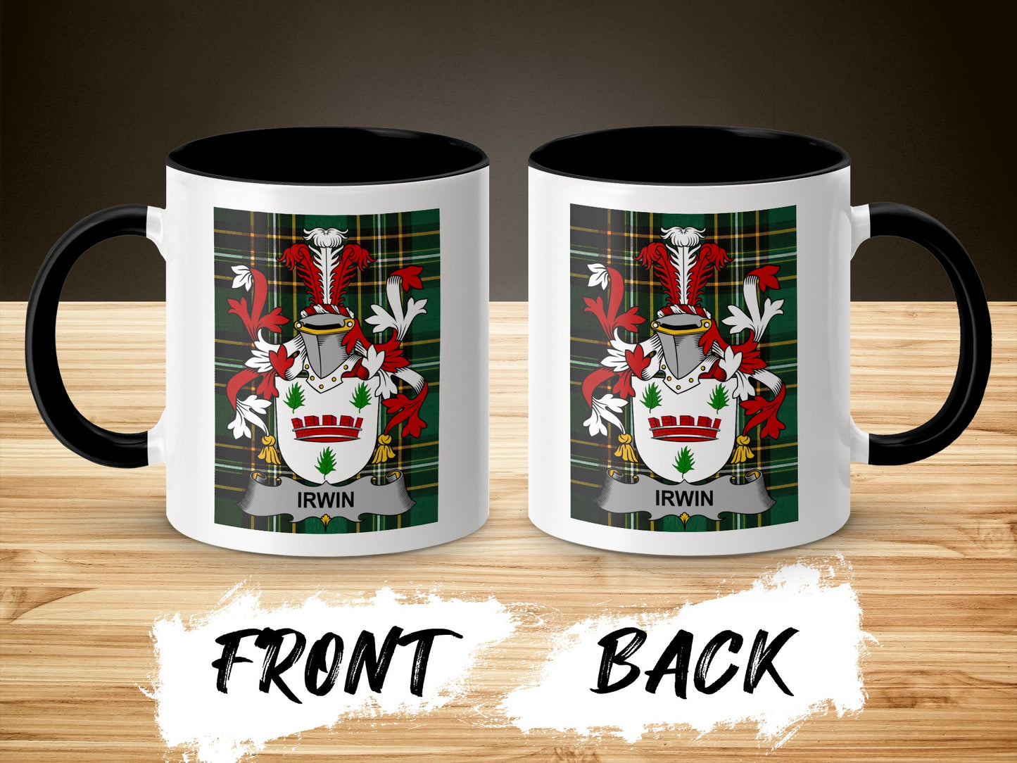 White mug with black handle displaying a coat of arms and "IRWIN" text.