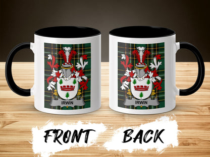 White mug with black handle displaying a coat of arms and "IRWIN" text.