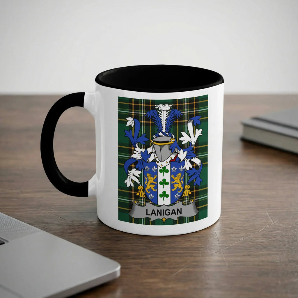 Lanigan Irish heritage mug with black handle and family crest