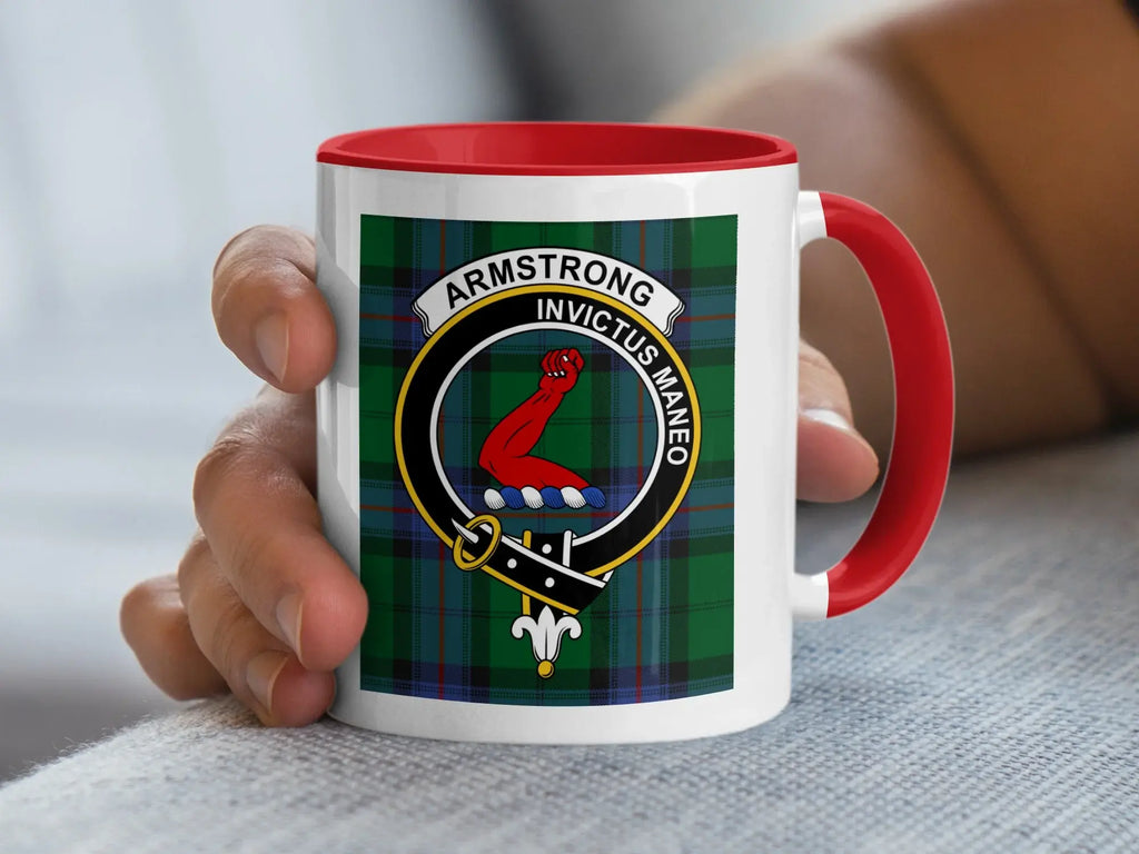 Armstrong clan tartan accent mug with red handle — Scottish heritage crest design, glossy ceramic