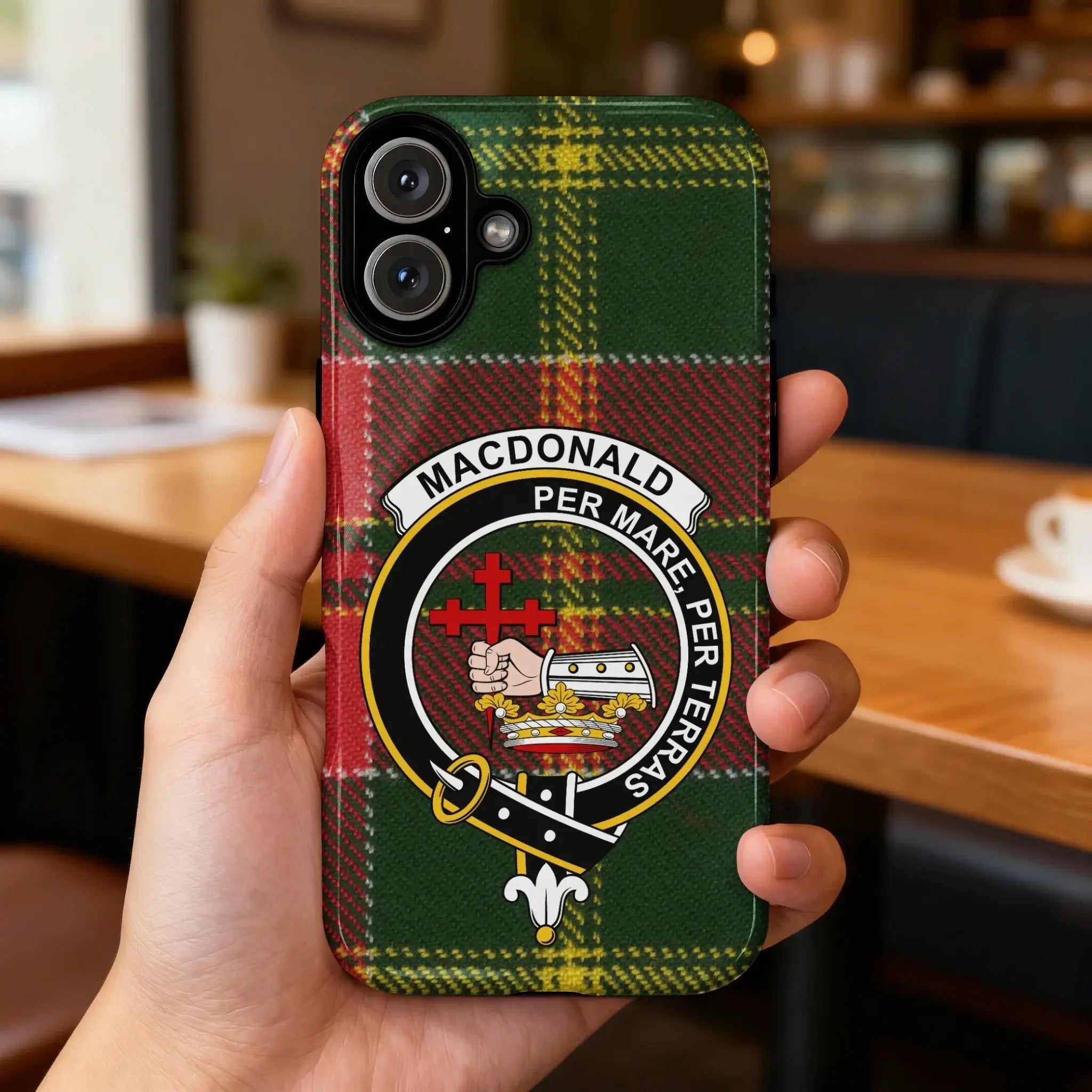 MacDonald clan crest tartan phone case — edge-to-edge plaid design with Per Mare Per Terras motto