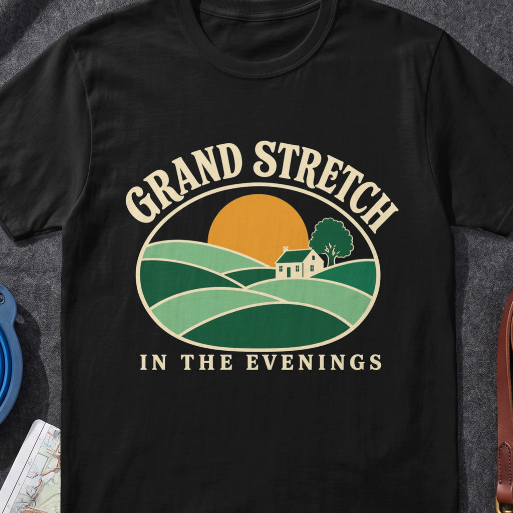 Grand Stretch In The Evenings Irish graphic T-shirt in Black, flat-lay mockup