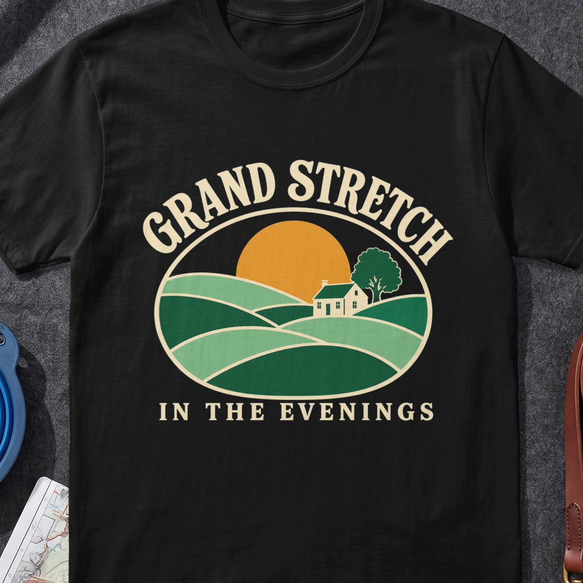 Grand Stretch In The Evenings Irish graphic T-shirt in Black, flat-lay mockup