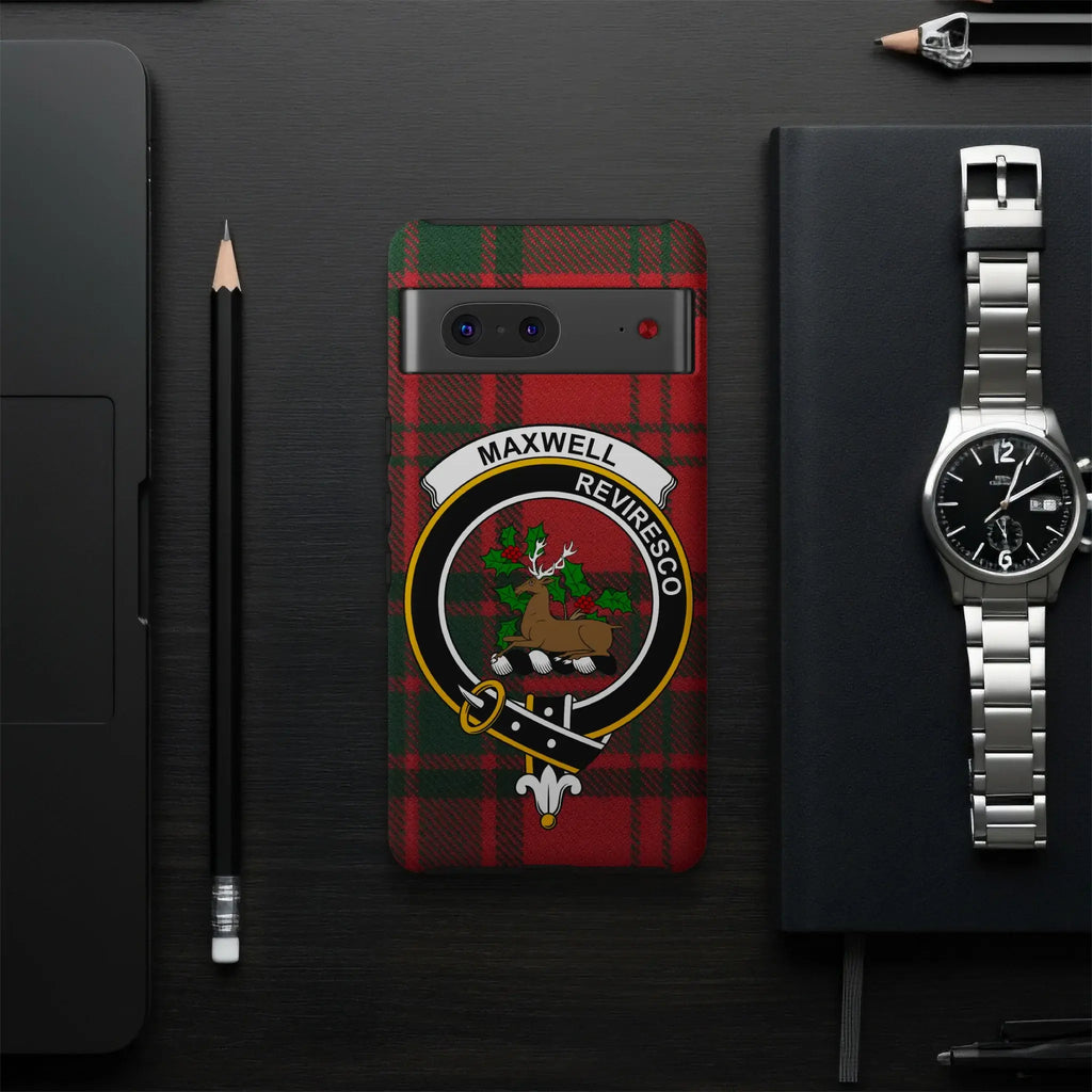Maxwell Reviresco tartan phone case shown on iPhone — Scottish clan stag crest design