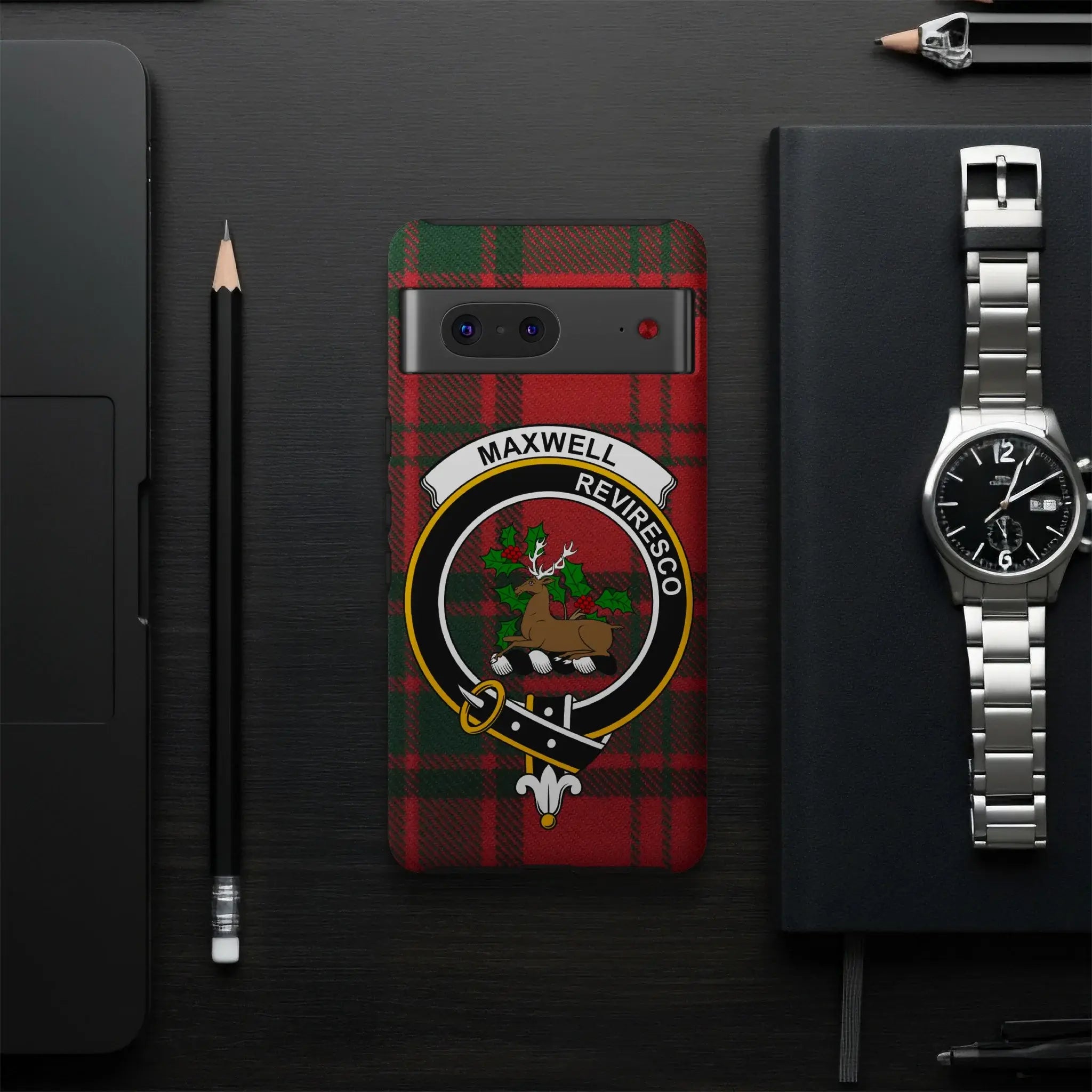 Maxwell Reviresco tartan phone case shown on iPhone — Scottish clan stag crest design