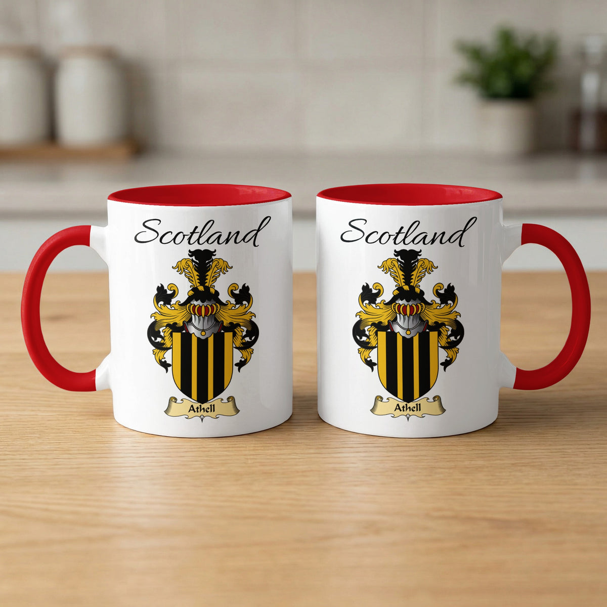 Athell 11 oz Scottish family crest ceramic mug with a Scotland-topped heraldic emblem
