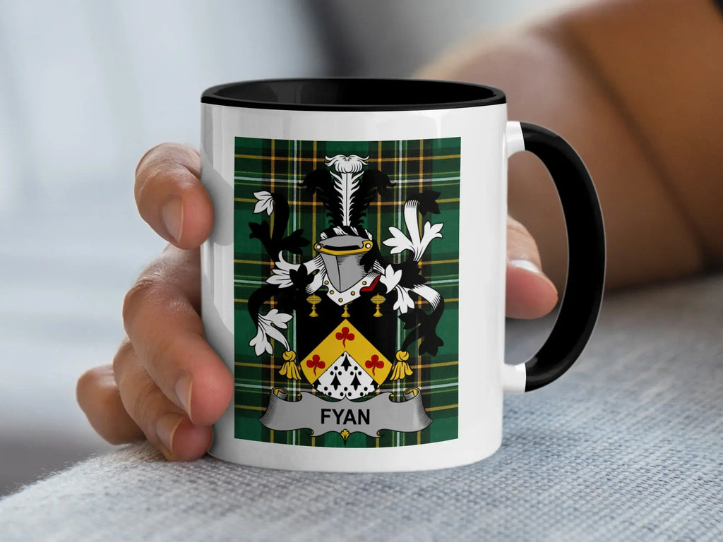Fyan Irish heritage mug with black handle and family crest