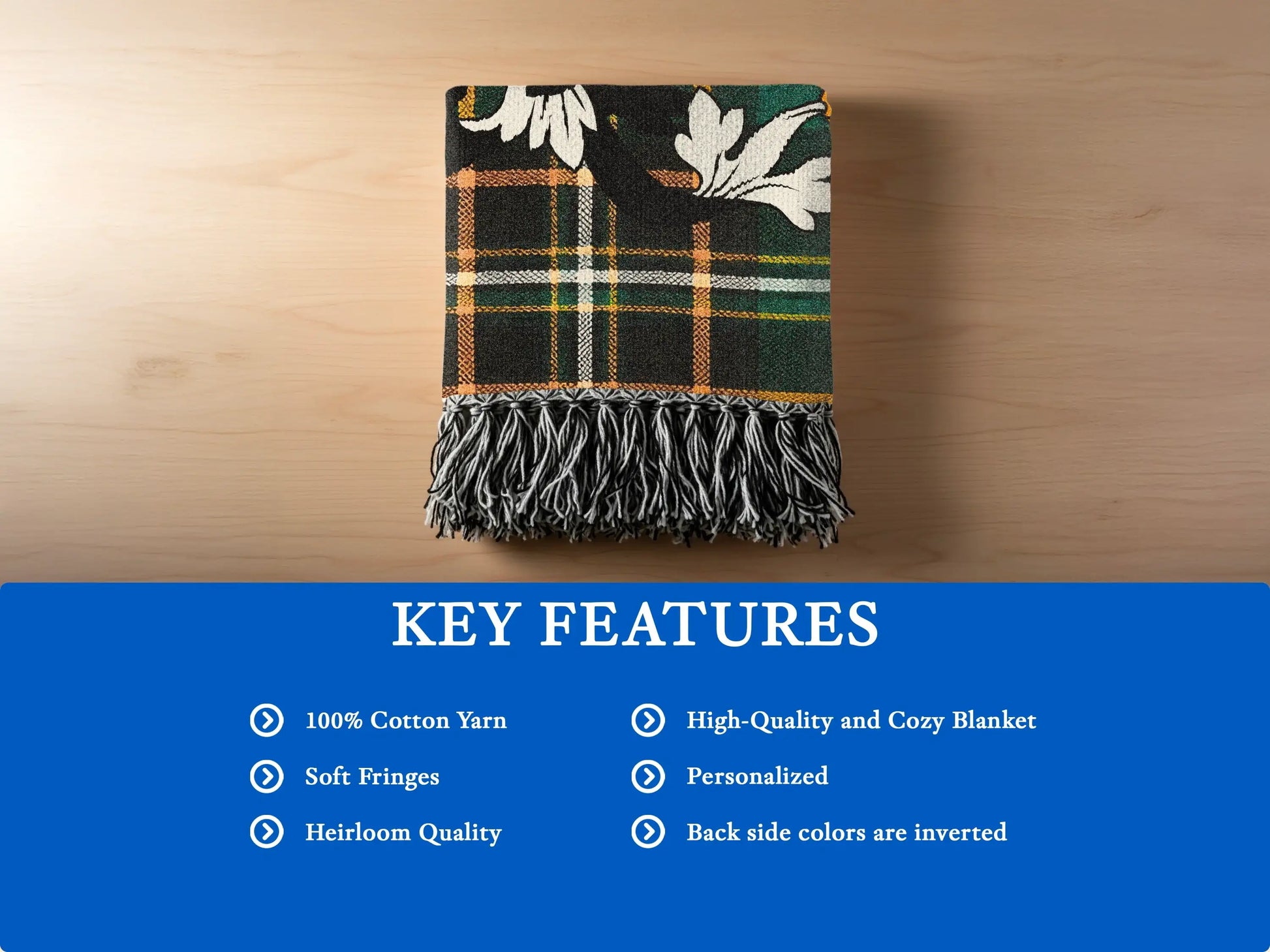 Plaid throw blanket with fringe, highlighting key features like 100% cotton.