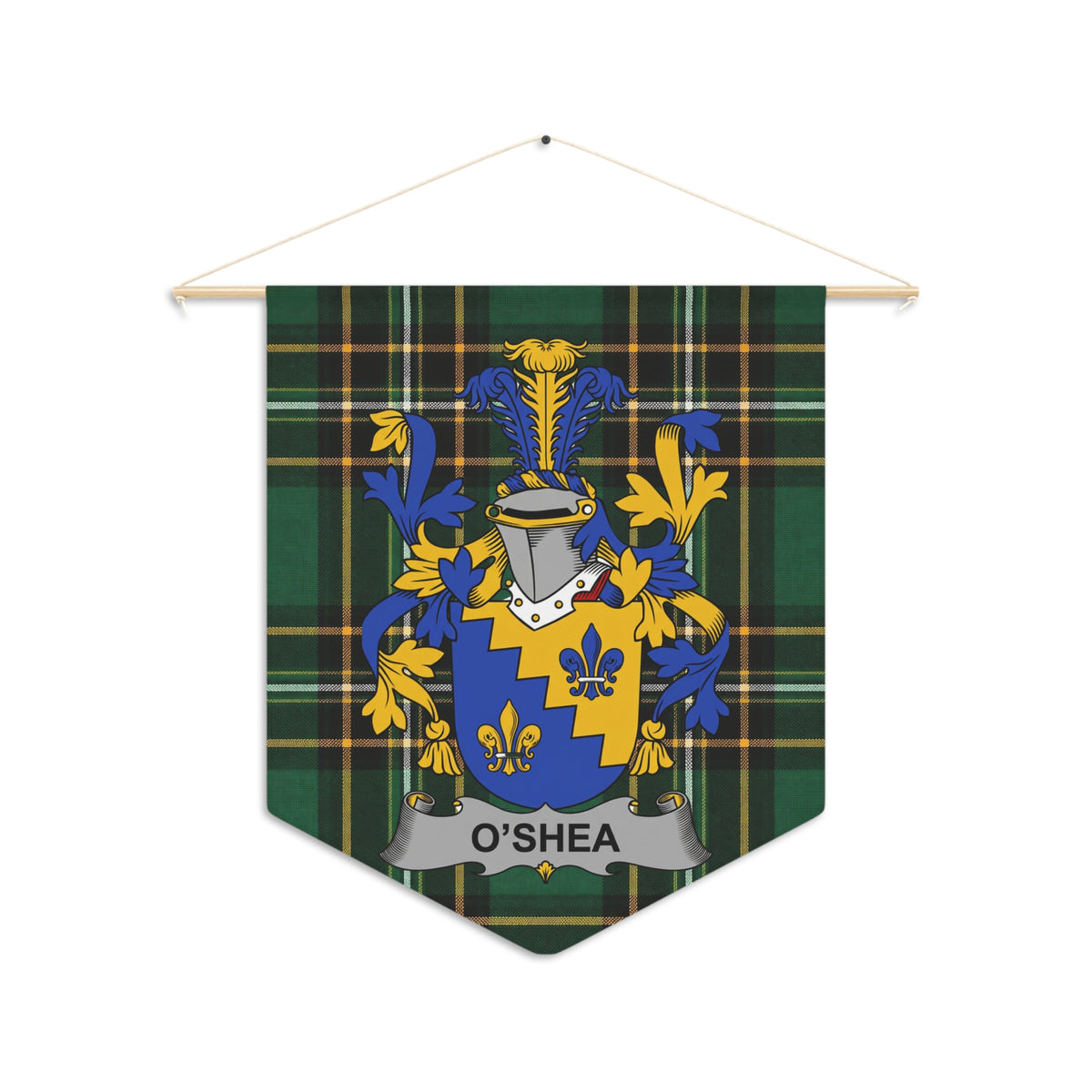 O'Shea tartan wall pennant with heraldic-style surname artwork