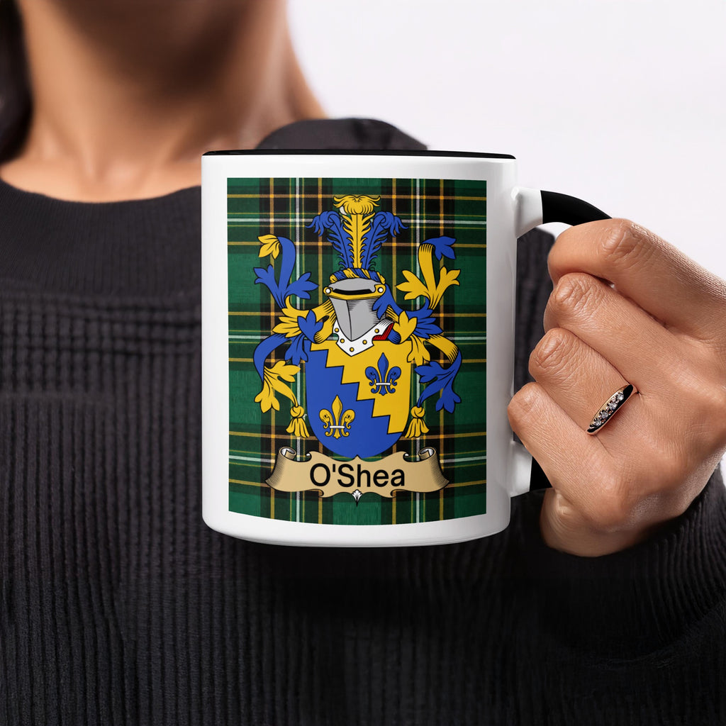 O'Shea Irish accent mug with surname artwork on an Irish National Tartan background