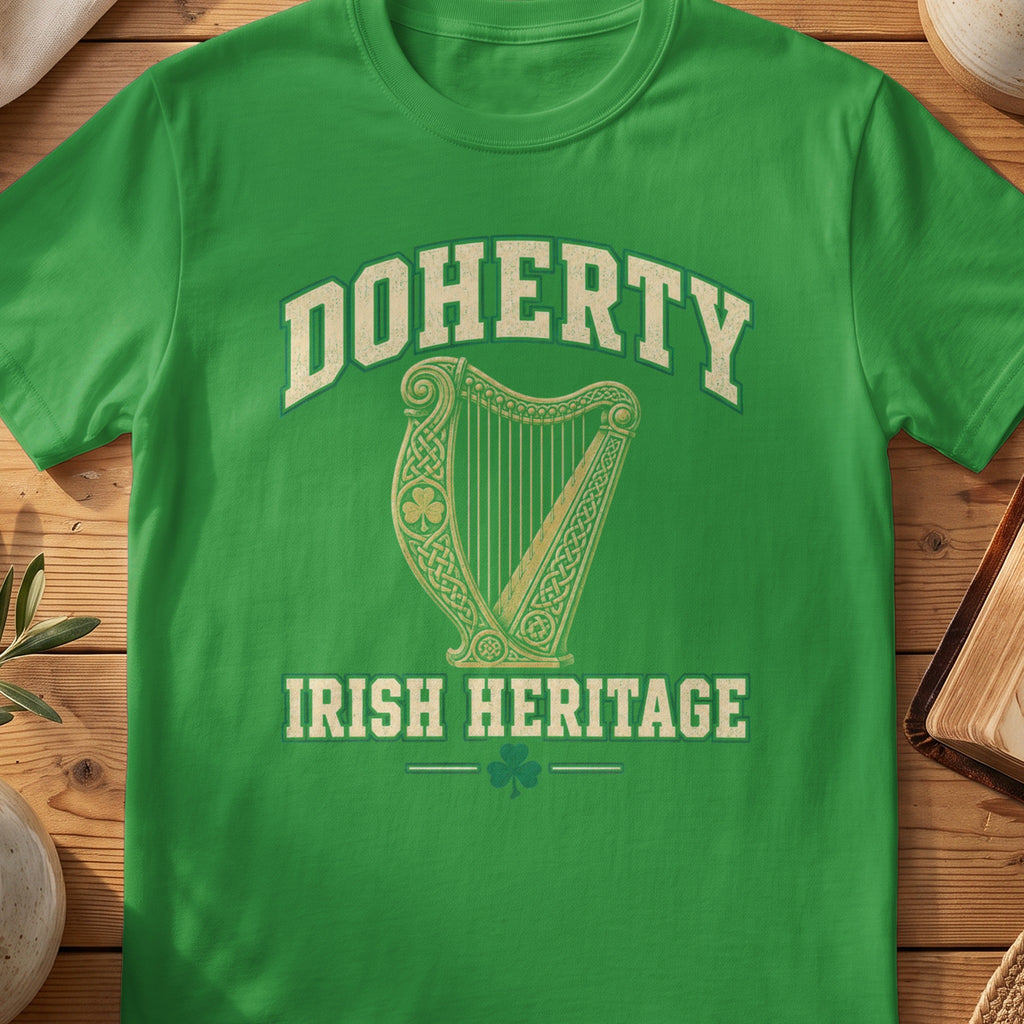 Doherty Irish Heritage green Gildan 64000 T-shirt with Celtic harp design