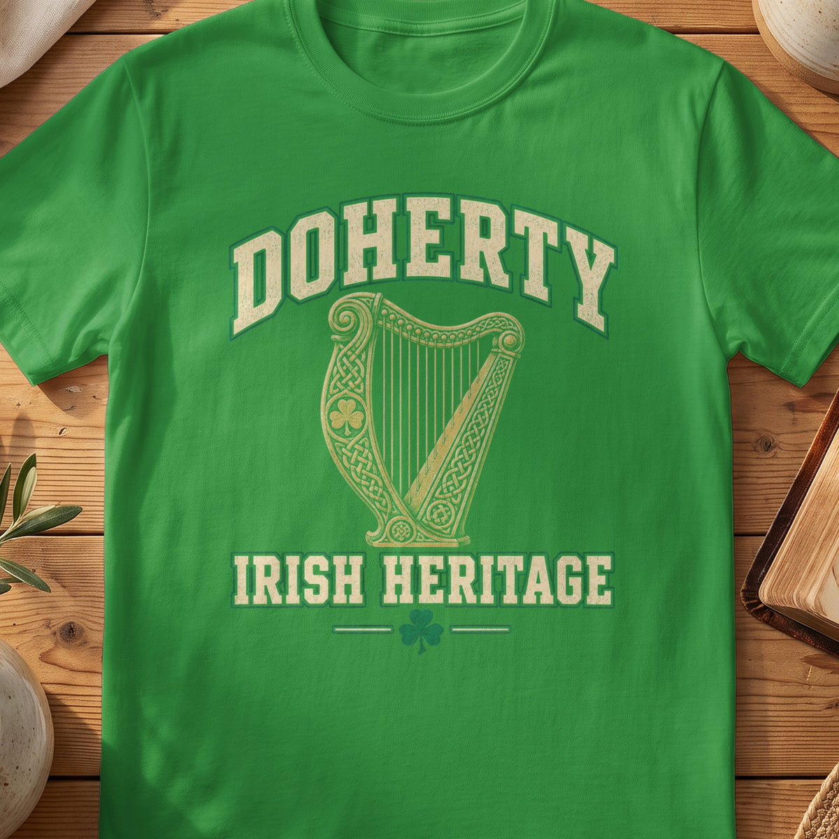 Doherty Irish Heritage green Gildan 64000 T-shirt with Celtic harp design