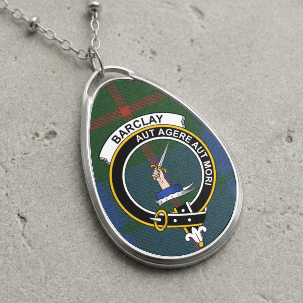 Barclay clan Scottish tartan necklace with clan crest and Aut Agere Aut Mori motto on tartan background