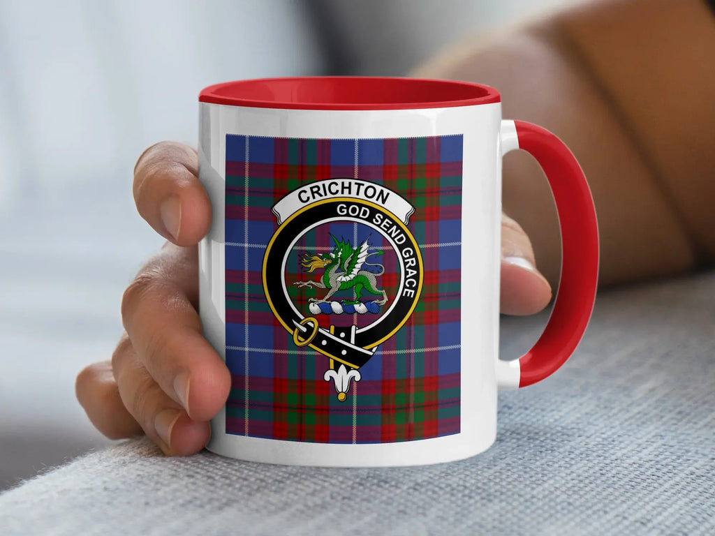 Crichton clan crest mug in navy — 15oz ceramic, tartan printed on both sides