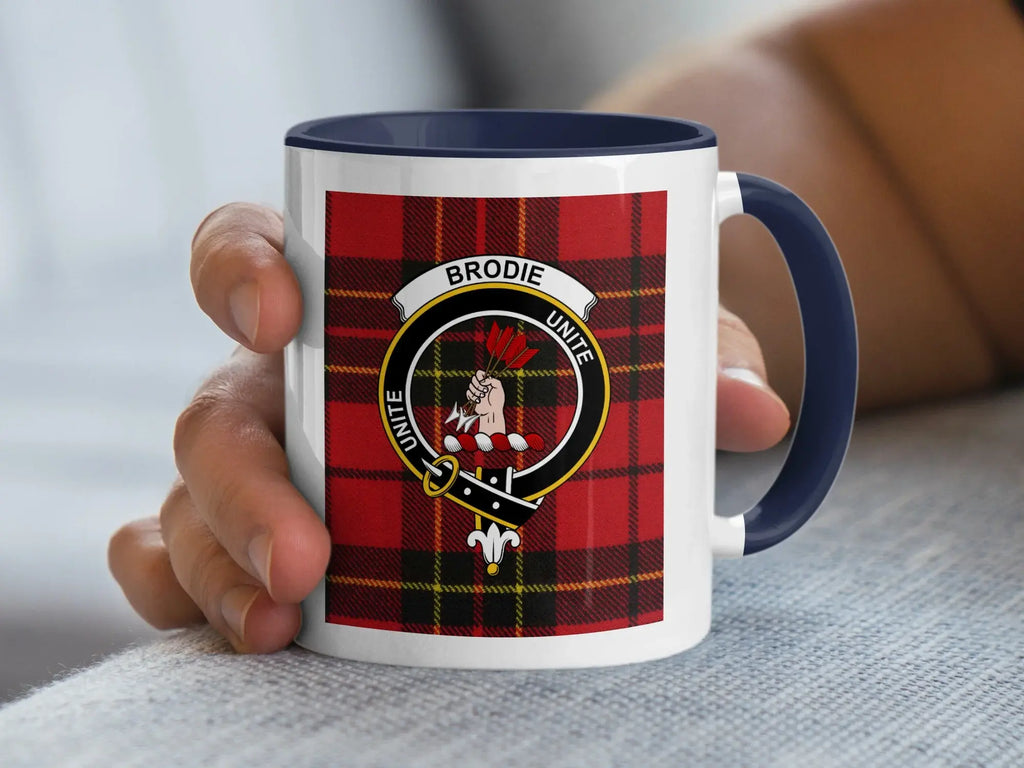 Clan Brodie unite tartan accent mug — 11 oz ceramic with black handle