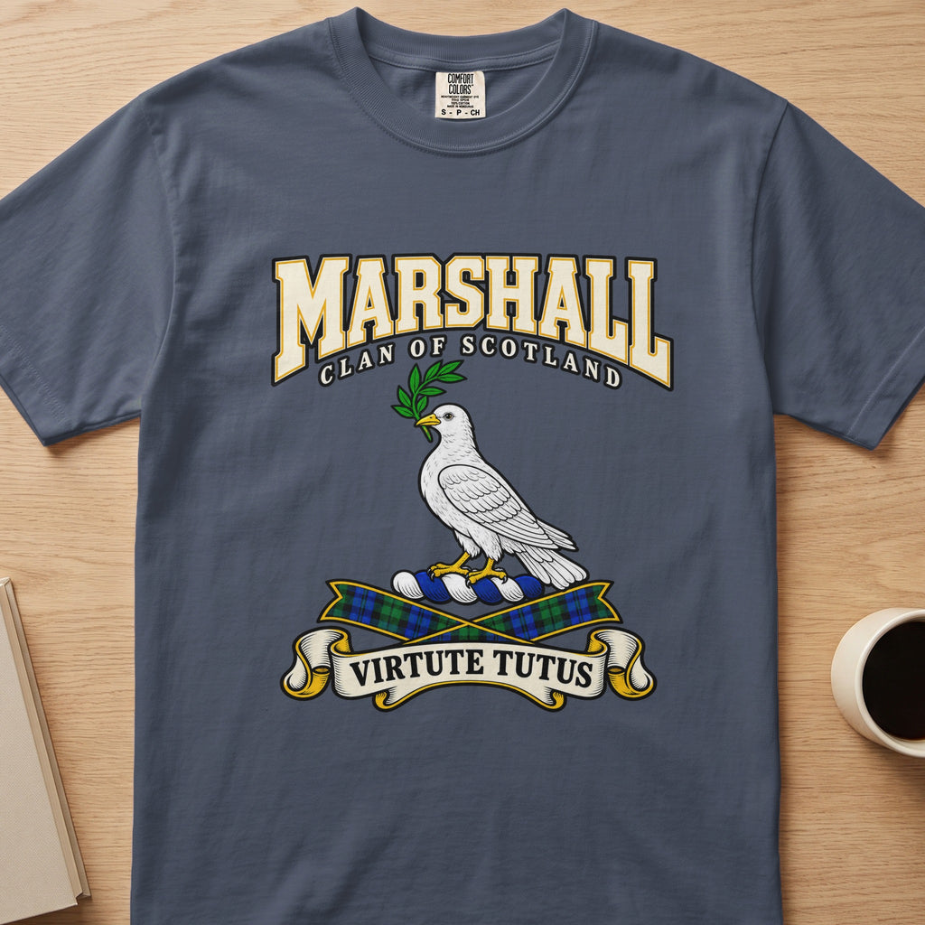 Marshall clan T-shirt in slate blue, front view with white bird holding a green sprig