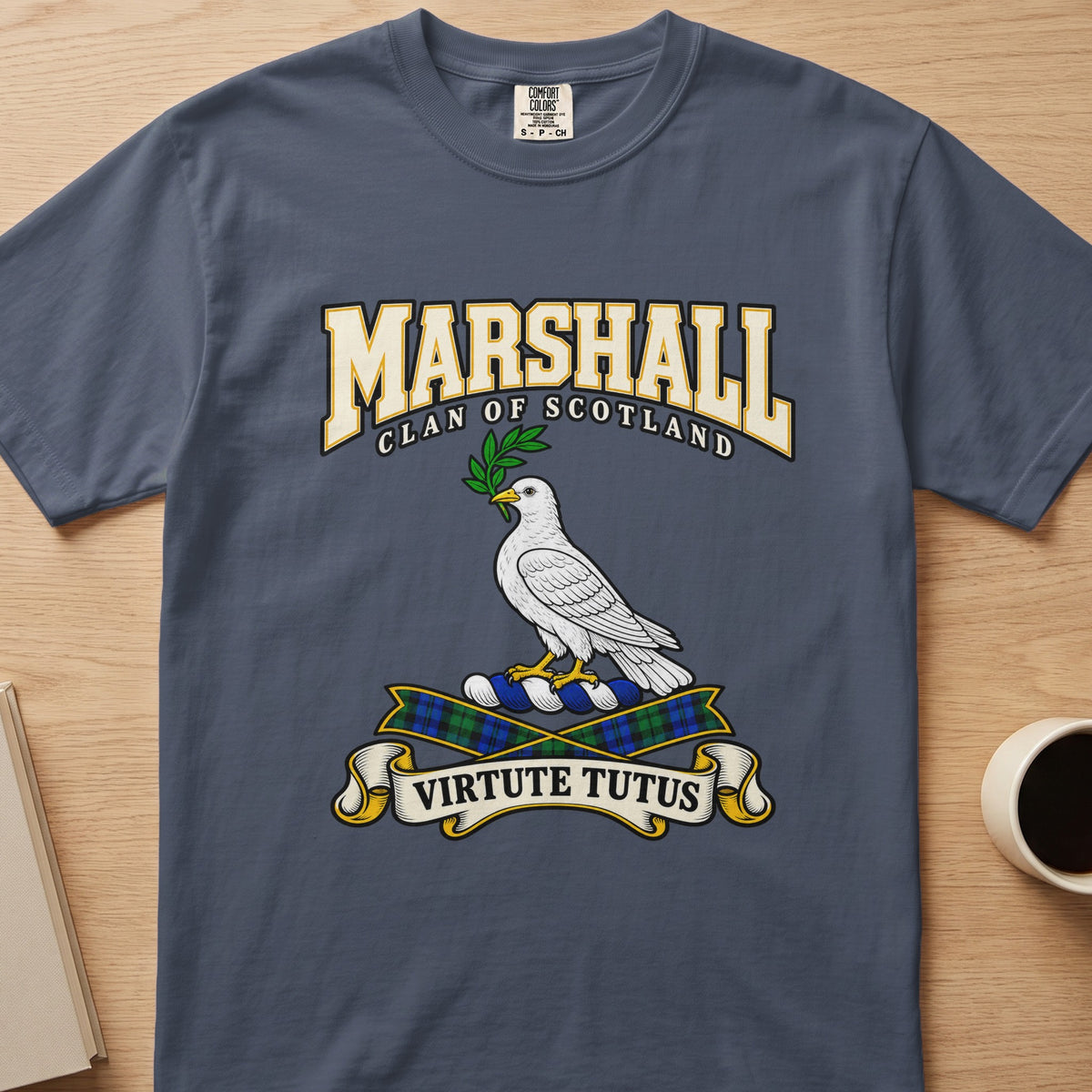 Marshall clan T-shirt in slate blue, front view with white bird holding a green sprig