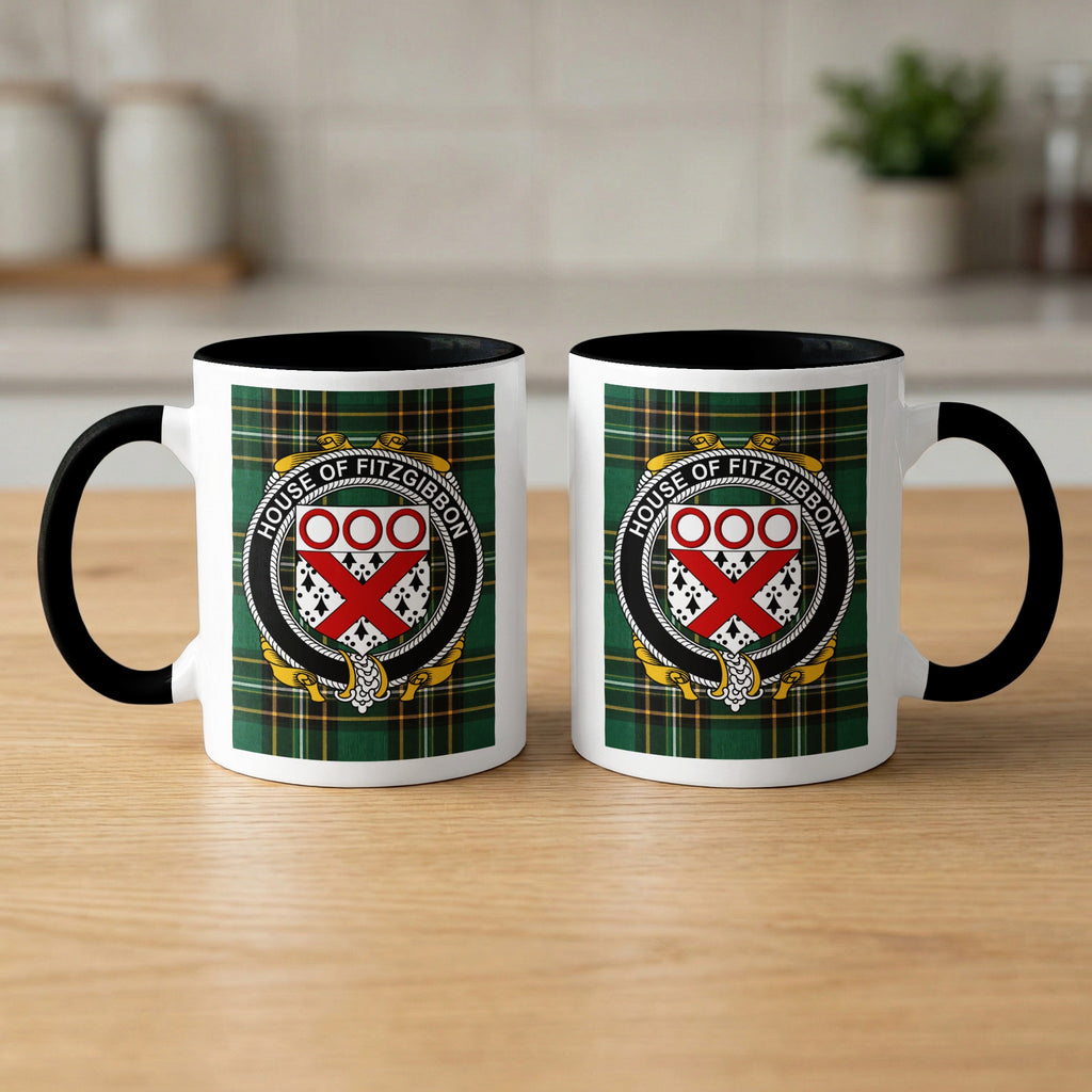Fitzgibbon family crest emblem mug with black handle and interior