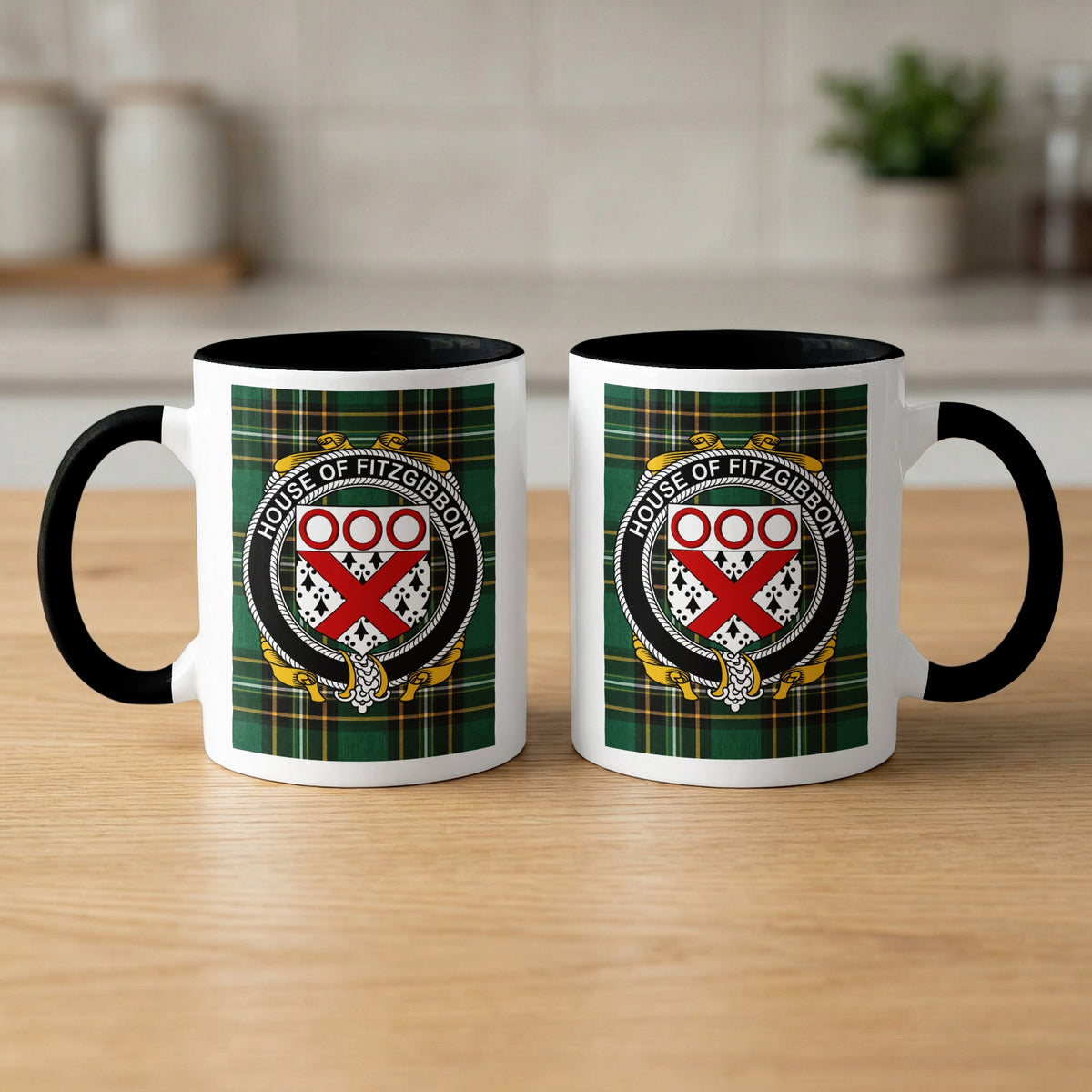 Fitzgibbon family crest emblem mug with black handle and interior