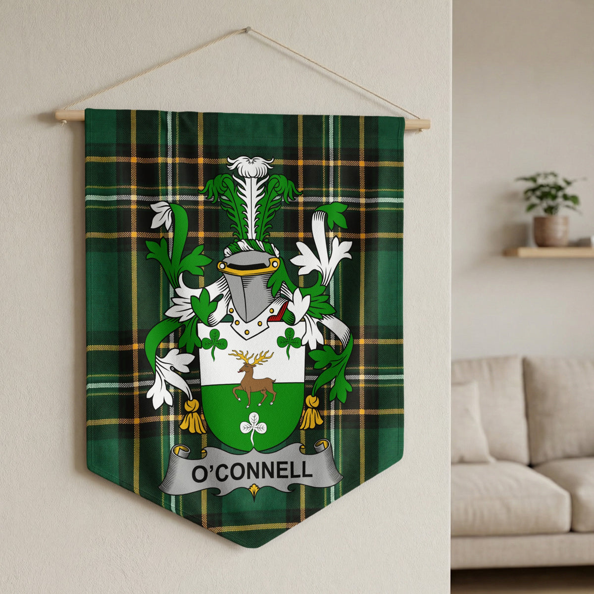 O'Connell family crest banner on green tartan background.