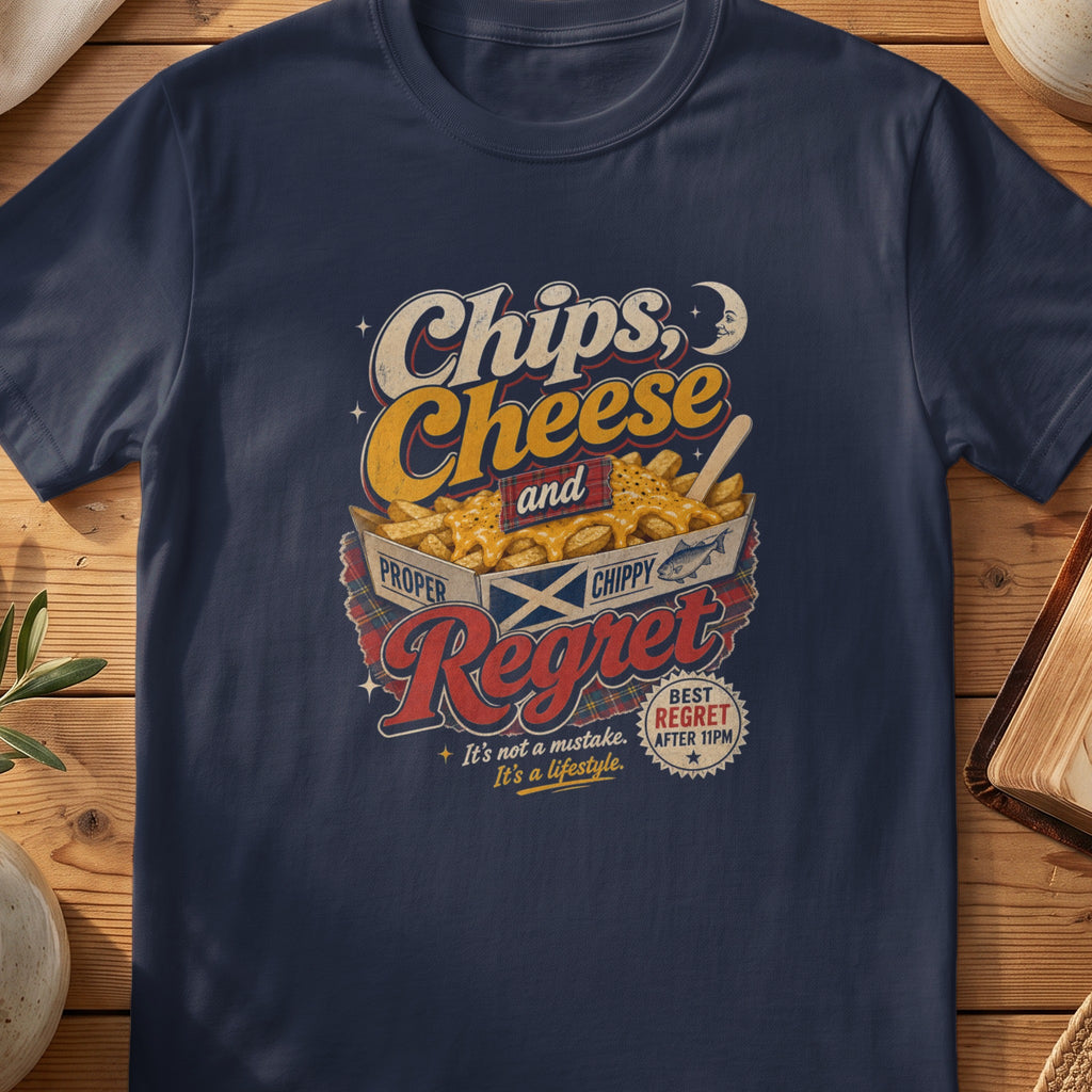 Navy Gildan 64000 unisex T-shirt flatlay with Chips Cheese and Regret Scottish graphic design