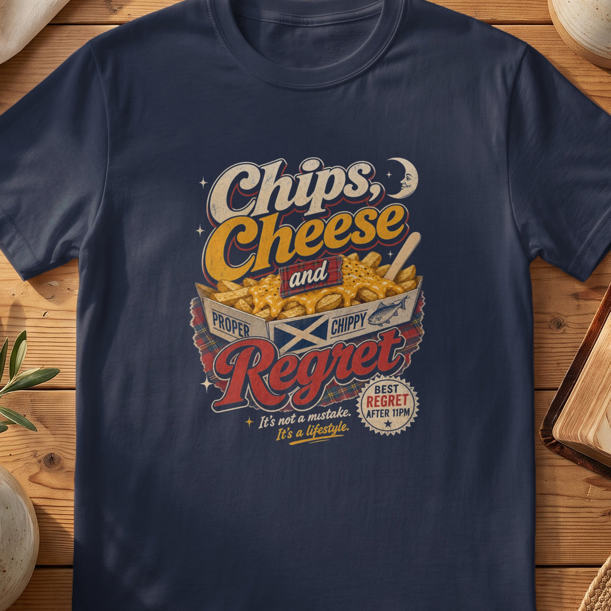 Navy Gildan 64000 unisex T-shirt flatlay with Chips Cheese and Regret Scottish graphic design