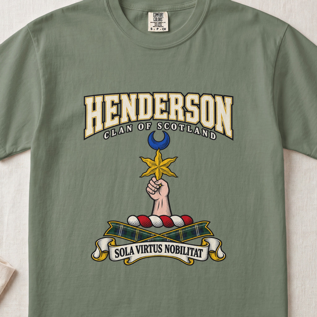 Moss Henderson Scottish clan T-shirt, front flat lay with varsity lettering, star-and-crescent crest and tartan ribbon.