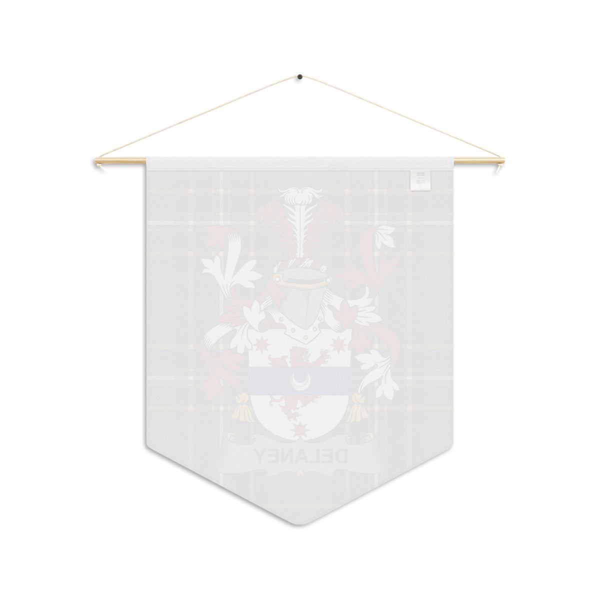 Delaney tartan pennant hanging from a wooden rod with a string.