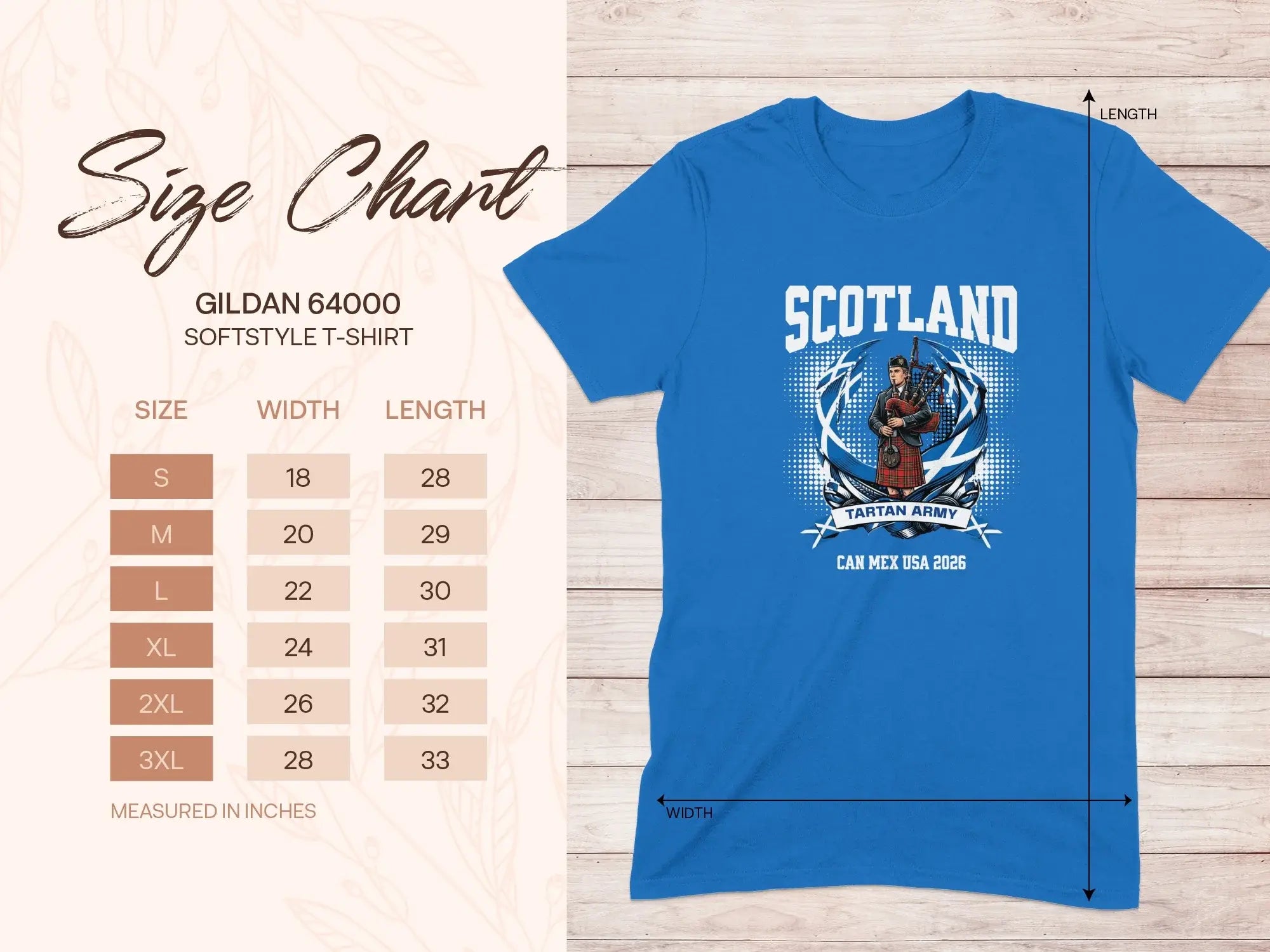 Gildan 64000 softstyle t-shirt size chart with Scottish Tartan Army graphic.