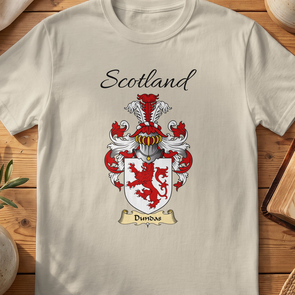 Sand Dundas Scottish family shield T-shirt featuring a red lion on a white shield