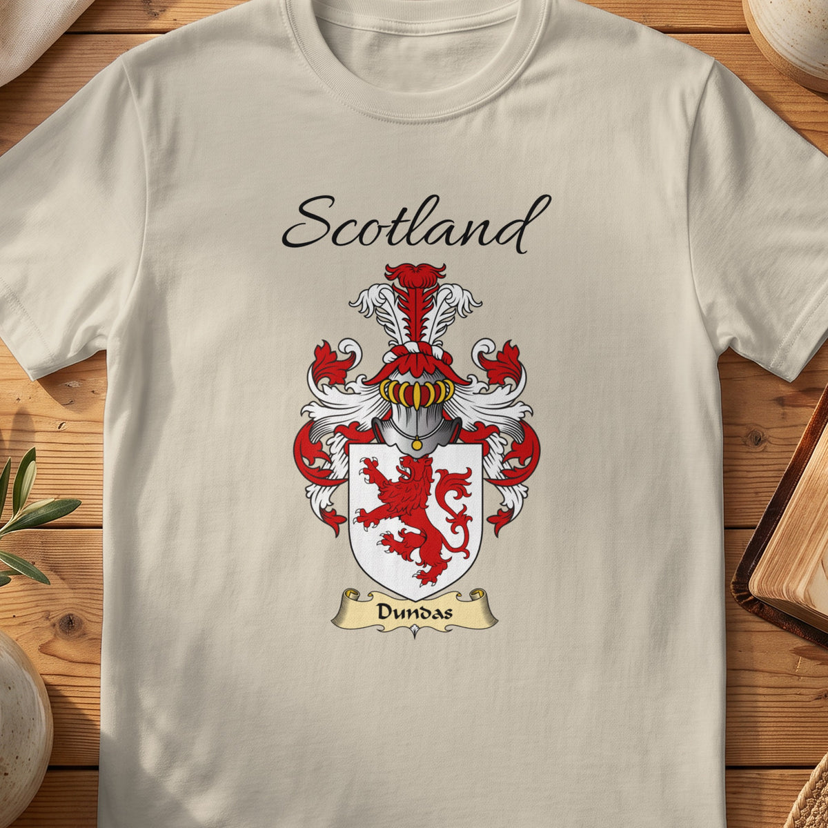 Sand Dundas Scottish family shield T-shirt featuring a red lion on a white shield