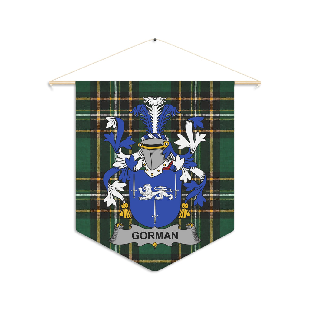 Gorman surname tartan pennant with coat of arms and text.
