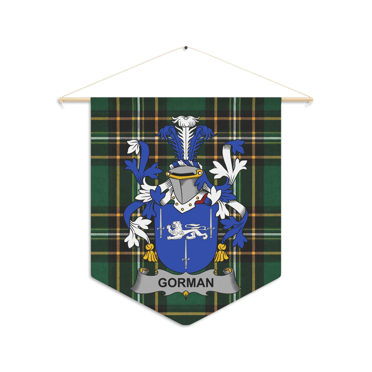 Gorman surname tartan pennant with coat of arms and text.