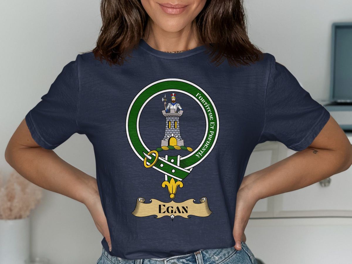 Egan Irish family crest design on navy T-shirt