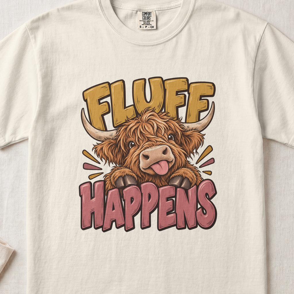 Fluff Happens Highland cow design on an Ivory Comfort Colors 1717 T-shirt, flat lay