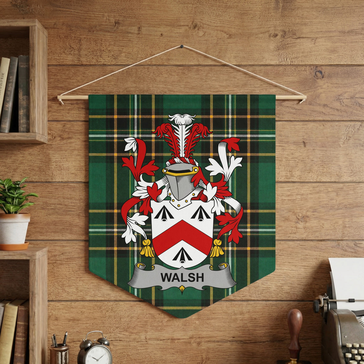 Walsh Irish Family Crest wall pennant hanging against wood paneling