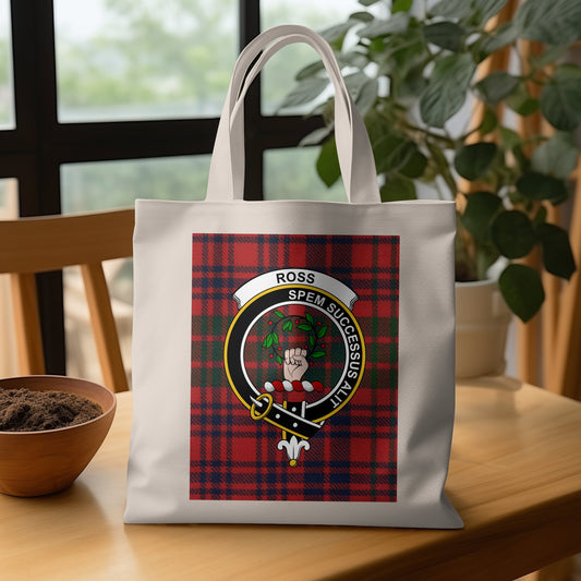 Scottish Clan Crest on Tartan Background Ross Tote Bag - Living Stone Gifts