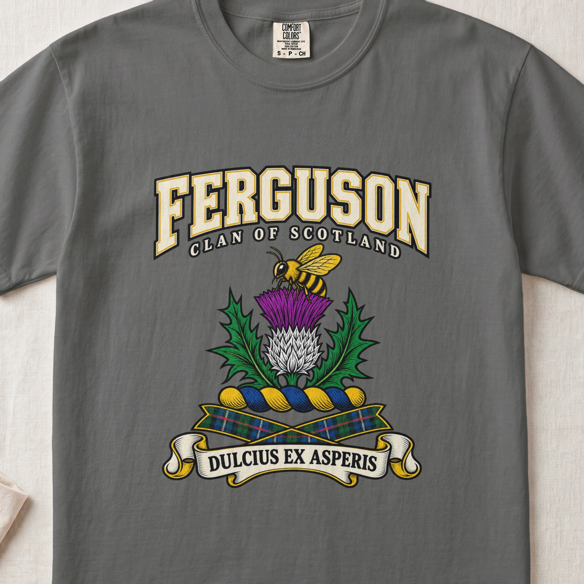 Ferguson graphic T-shirt in Pepper gray, front flat lay showing varsity lettering and yellow and black bee above a purple and white thistle.