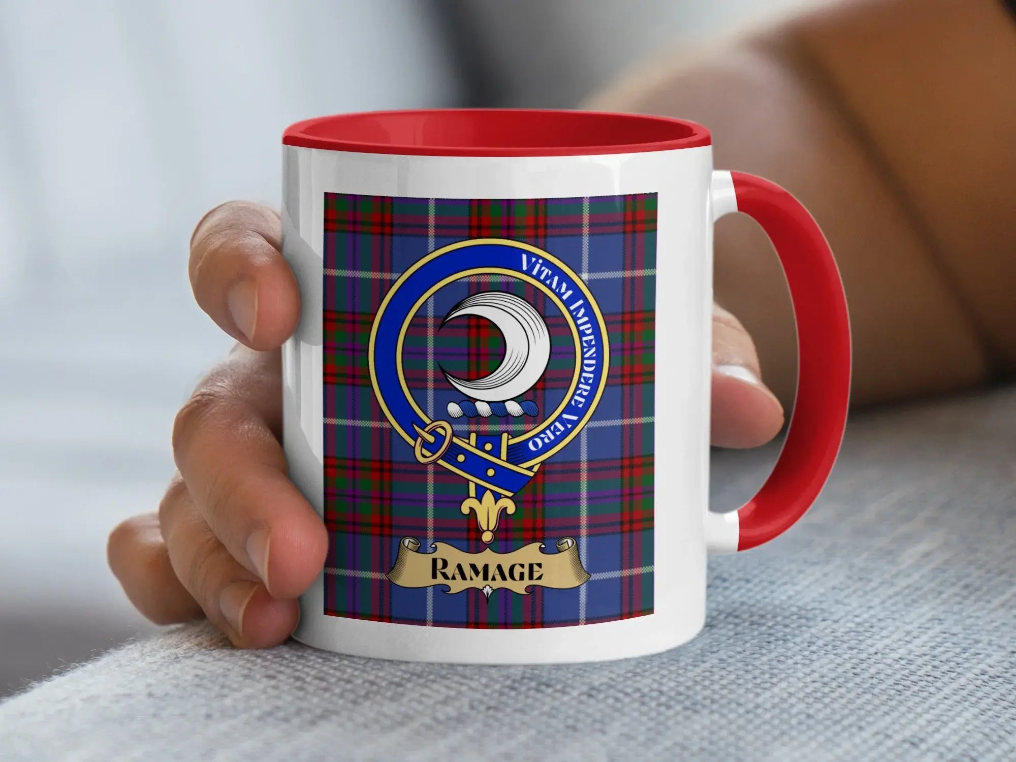 Ramage Clan Tartan Mug with Family Crest Design