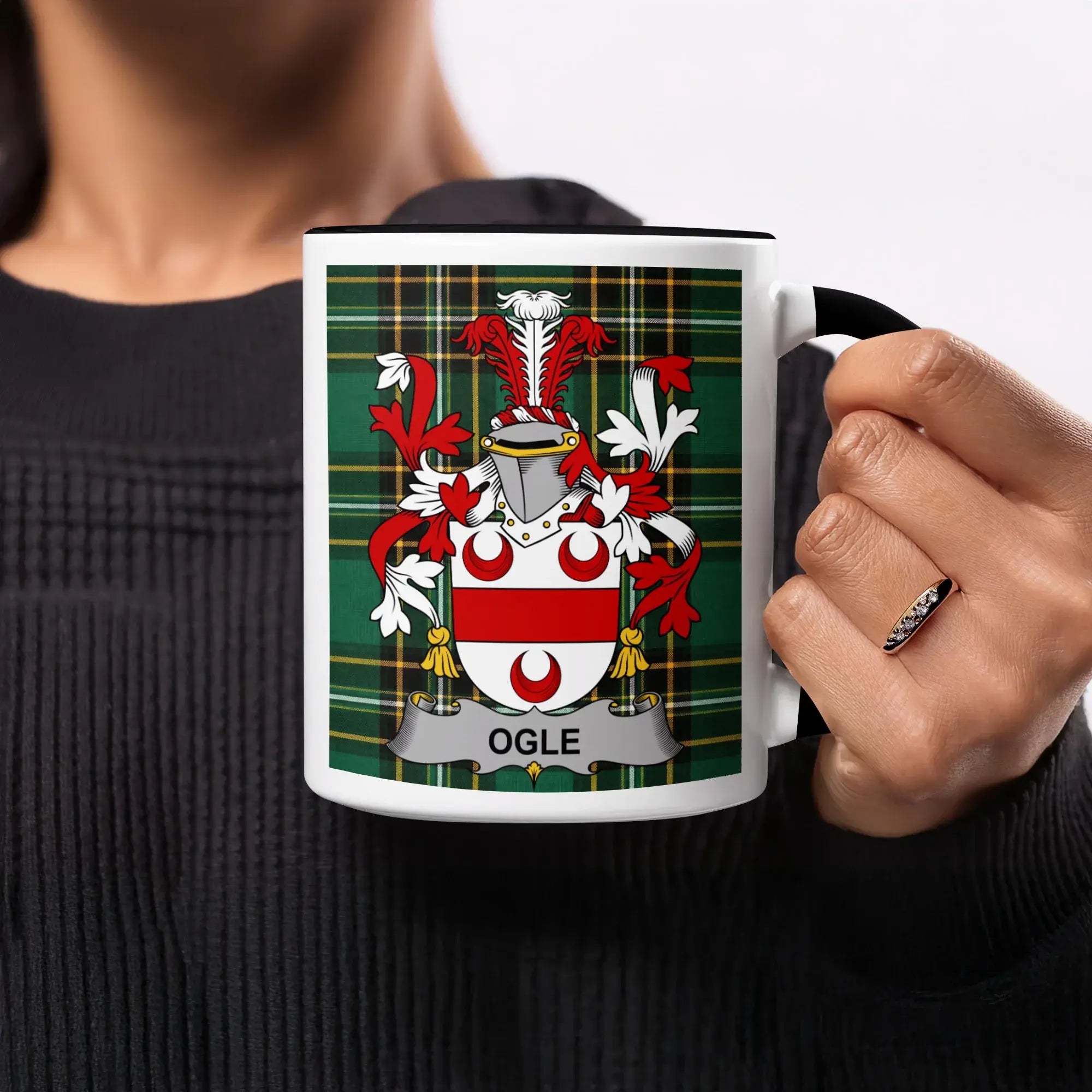Ogle black accent mug with Irish National Tartan crest design