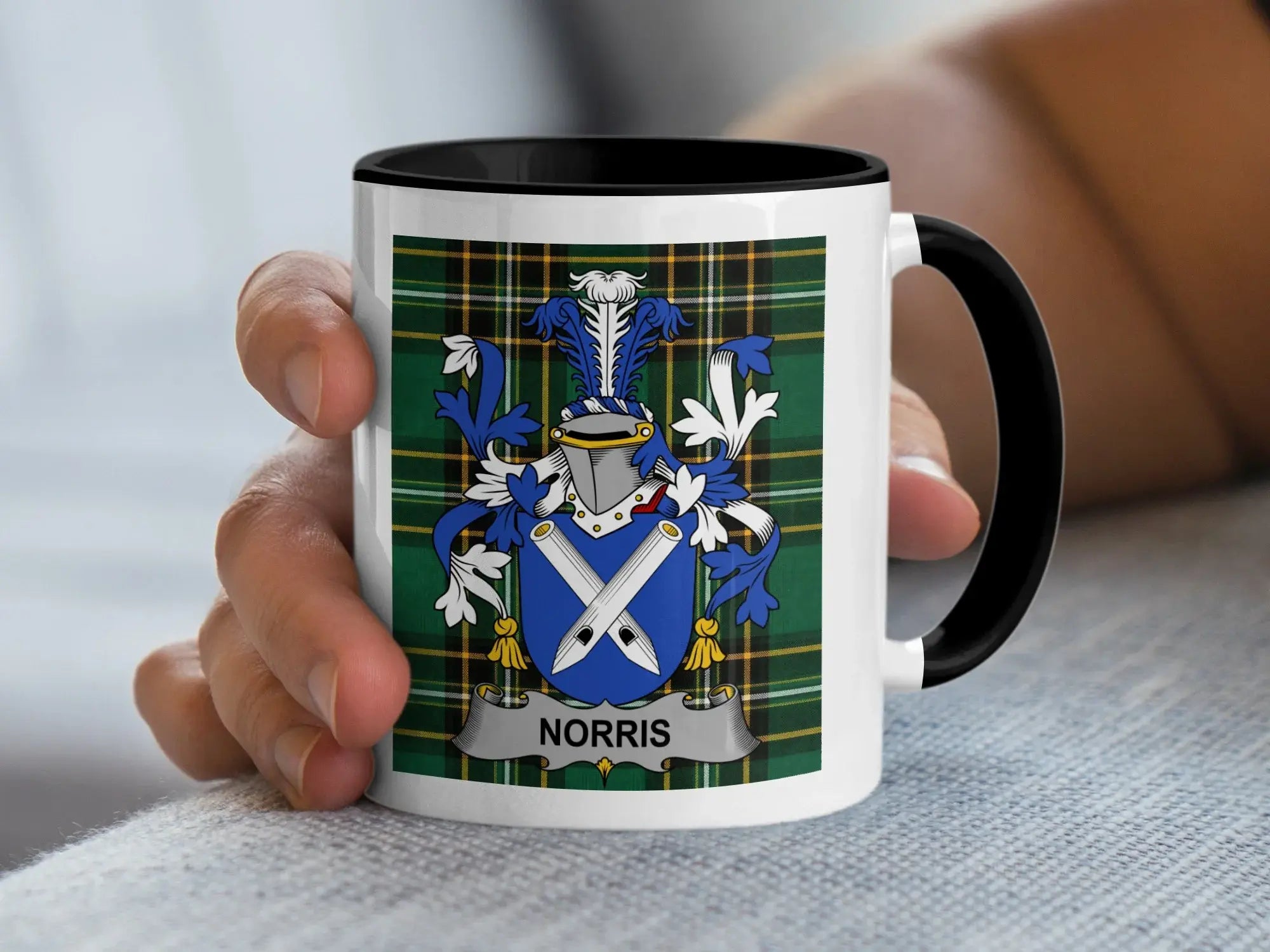Norris Irish Heritage Accent Mug with black handle and family crest