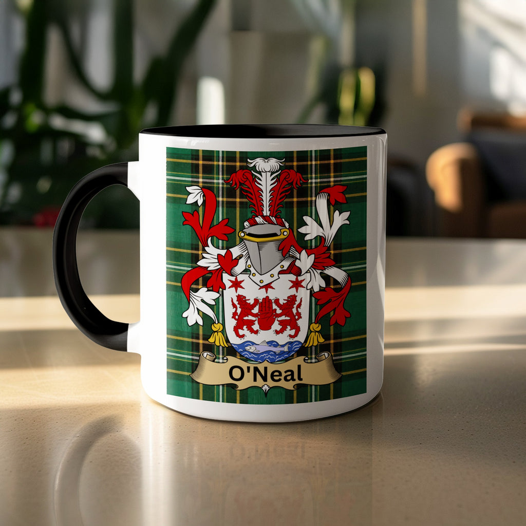 O'Neal family crest on Irish National Tartan mug — white ceramic, black handle
