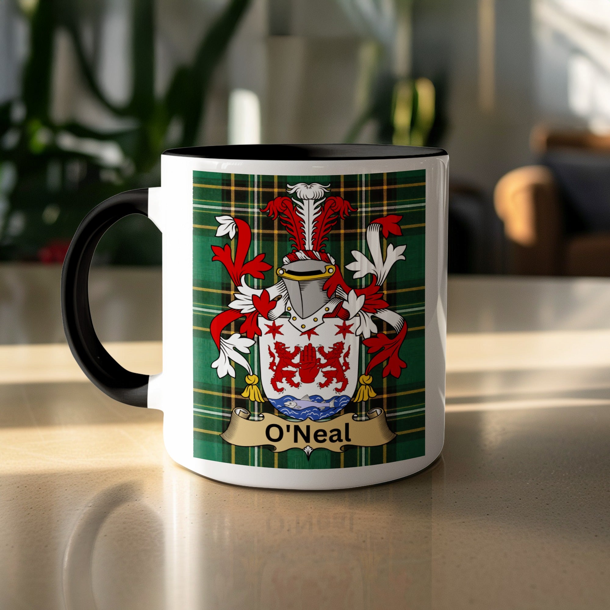 O'Neal family crest on Irish National Tartan mug — white ceramic, black handle
