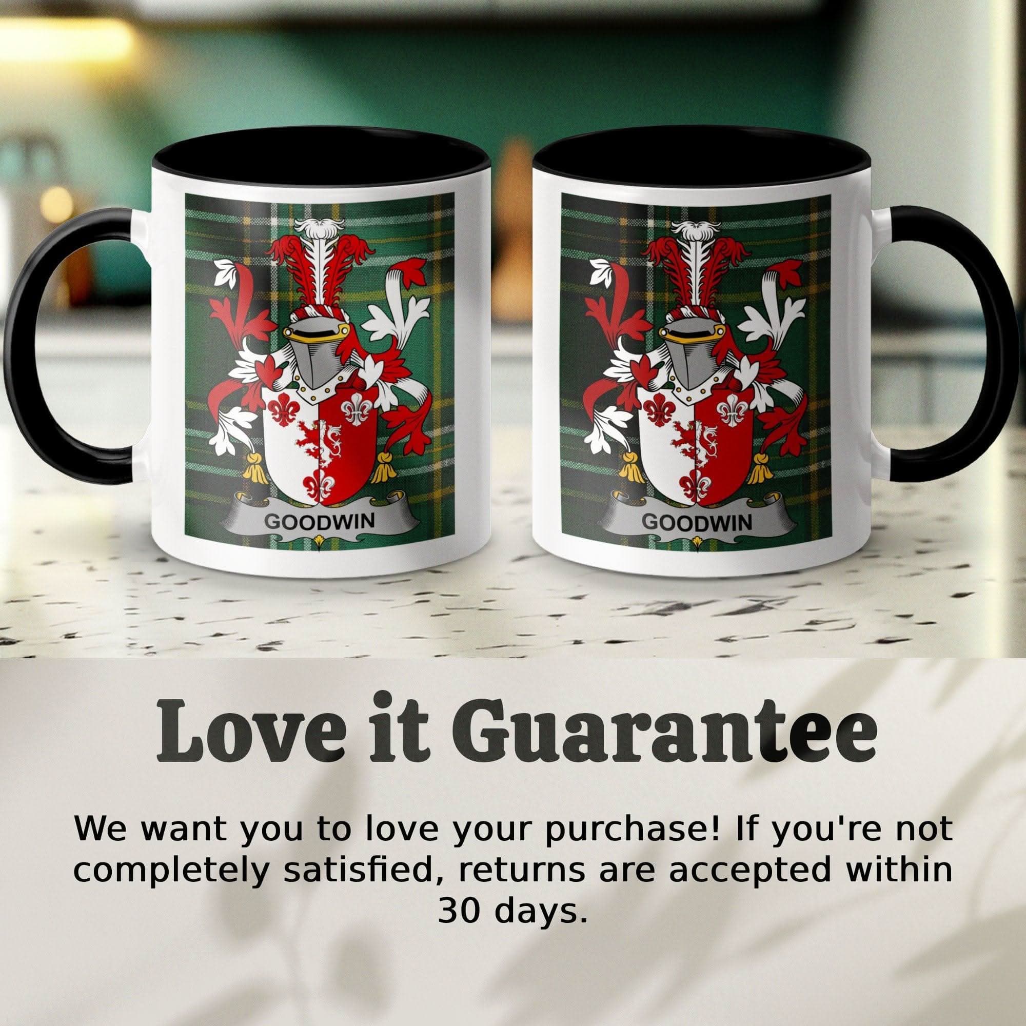 Goodwin Surname Coat of Arms on Irish National Tartan Mug - Celtic Ancestry Gifts