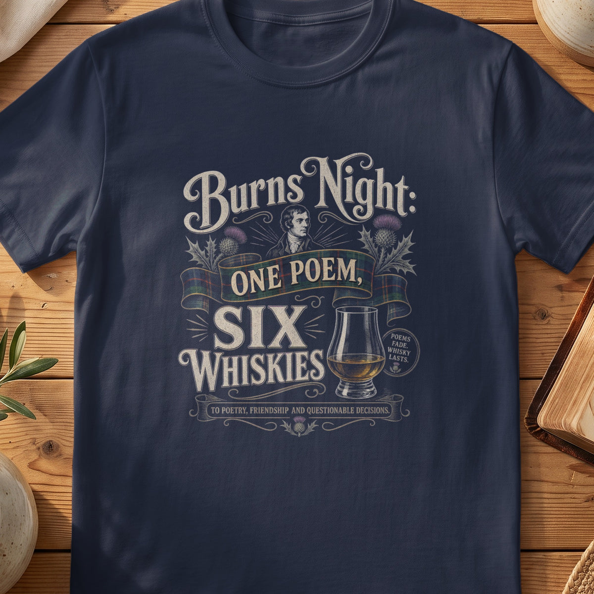 Navy Gildan 64000 unisex T-shirt flatlay with Burns Night One Poem Six Whiskies Scottish graphic design