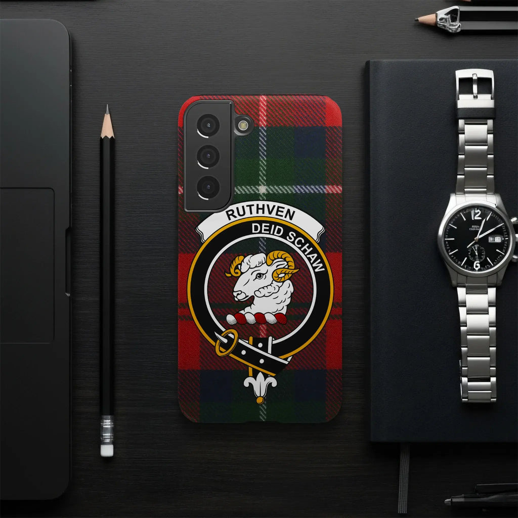Ruthven deid schaw clan crest phone case — tartan pattern, Samsung variant